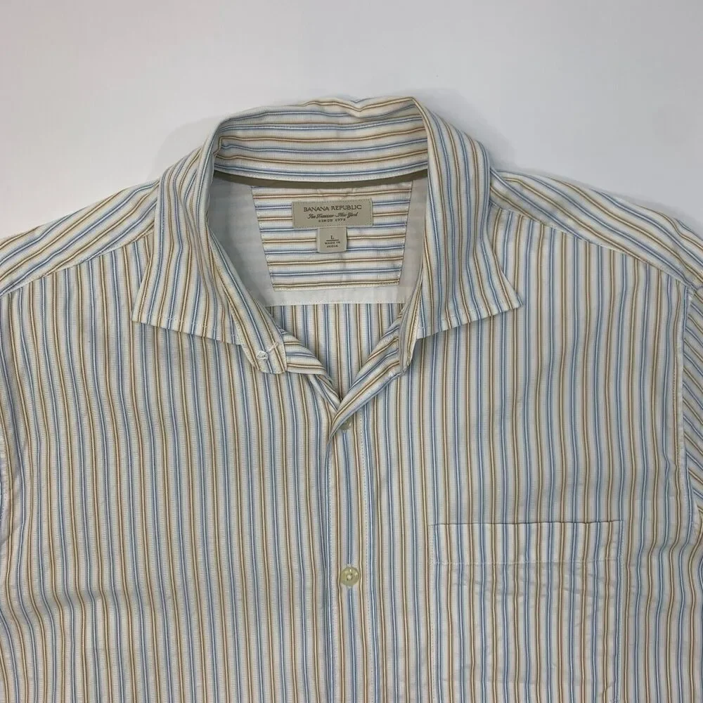 Banana Republic Dress Shirt Men L Large White Blue Striped Button Up Long Sleeve